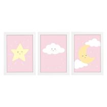 Trio De Quadros Branco Com Vidro Chuva de Amor Rosa Quarto Bebê Infantil Menina