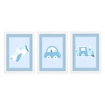 Trio De Quadros Branco Com Vidro Meio de Transportes Azul Quarto Bebê Infantil Menino