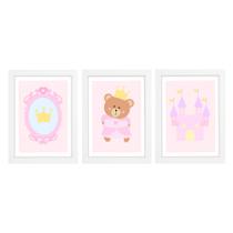 Trio De Quadros Branco Com Vidro Ursa Princesa Quarto Bebê Infantil Menina
