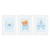 Trio De Quadros Branco Com Vidro Urso Príncipe Quarto Bebê Infantil Menino