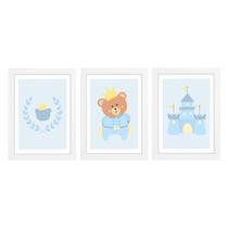 Trio De Quadros Branco Com Vidro Urso Príncipe Quarto Bebê Infantil Menino
