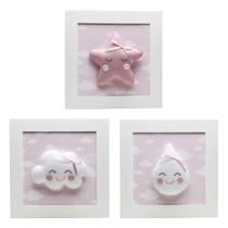 Trio De Quadros Chuva de Amor Rosa Quarto Bebê Infantil