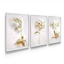 Trio de quadros de alto padrão- trio de quadros de flores brancas douradas