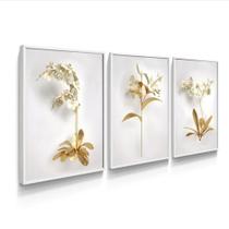 Trio de quadros de alto padrão- trio de quadros de flores brancas douradas Trio de quadros de alto padrão- trio de quadros de flores brancas douradas