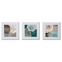 Trio de quadros de flores em tom de azul moldura branca 14cm