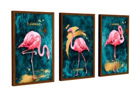 Trio de Quadros Decoração com moldura Quarto Sala Flamingos