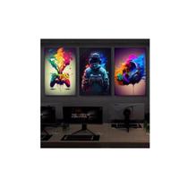 trio de quadros decorativos 3 peças parede quarto gamer tema video game oferta