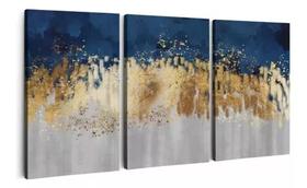 Trio De Quadros Decorativos Abstratos 120x60cm Dourado Azul