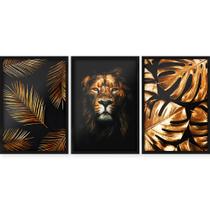Trio de Quadros Decorativos com Moldura e Impressão em Vidro Leão Plantas Costela de Adão Dourado
