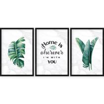 Trio de Quadros Decorativos com Moldura e Impressão em Vidro Natureza Plantas Frase