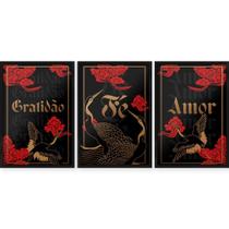 Trio de Quadros Decorativos com Moldura e Impressão em Vidro Palavras Gratidão Fé Amor Trio de Quadros Decorativos com Moldura e Impressão em Vidro Palavras Gratidão Fé Amor