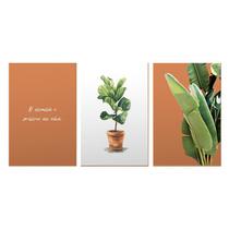 Trio de Quadros Decorativos Laranja Folhagens Frase