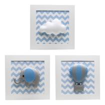 Trio De Quadros Elefante Balão Azul Quarto Bebê Infantil Menino