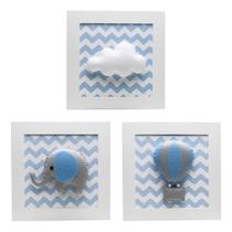 Trio De Quadros Elefante Balão Azul Quarto Bebê Infantil Menino Trio De Quadros Elefante Balão Azul Quarto Bebê Infantil Menino