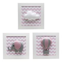 Trio De Quadros Elefante Balão Rosa Quarto Bebê Infantil