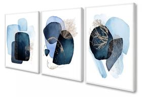 Trio De Quadros o Abstrato Geométrico Azul Tons Neutros"