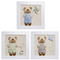 Trio De Quadros Ursinhos Com Brinquedos Quarto Bebê Infantil Menino