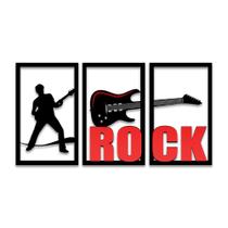 Trio de Quadros Vazados Rock Guitarra com Detalhes em Acrílico Vermelho