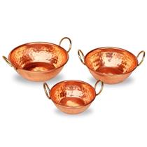 Trio de tachinhos de cobre com alças dourada G (13, 10.5, 9 cm)