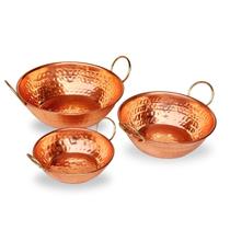 Trio de tachinhos de cobre com alças dourada GG (17, 13, 10,5 cm)