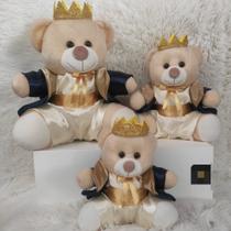 Trio de ursinhos pelúcia reizinho azul marinho com dourado decorativo