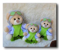 Trio de ursinhos pelucia verde aviador para nichos e decorações quarto infantil - Ckd