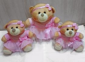 Trio de Urso Menina Vestido Rosa Laço