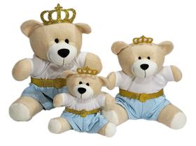 Trio de urso pelúcia príncipe marinho e azul com coroas, presente decoração