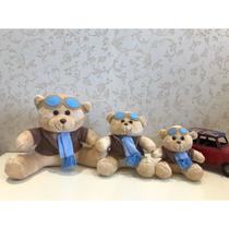 Trio de Ursos de Pelúcia Aviador Bege/azul P, M e G Decoração Nichos Mamãe Bebê