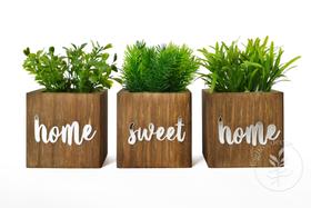 Trio de Vasinhos Decorativos com Frase Home Sweet Home e Planta Artificial Inclusa Trio de Vasinhos Decorativos com Frase Home Sweet Home e Planta Artificial Inclusa