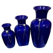 Trio de Vasos Decorativos para Sala Urna Jad em Cerâmica - Azul Royal - Retrofenna Decor