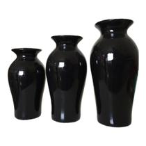 Trio de vasos em cerâmica preto brilho G 29x13cm M 26x13cm P22x13cm