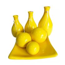 Trio de Vasos Garrafas e Centro de Mesa com 3 Esferas em Cerâmica Decor - Amarelo - Retrofenna Decor