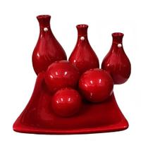 Trio de Vasos Garrafas e Centro de Mesa com 3 Esferas em Cerâmica Decor - Vermelho