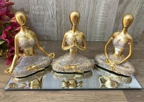 Trio Decorativo Yoga Posição Meditação Resina + Bandeja Luxo - IMPMC