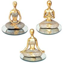 Trio Decorativo Yoga Posição Meditação Resina Base Espelhada - IMPMC