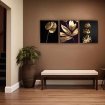 Trio Folhagens Ouro E Preto Canvas com Moldura 129x53cm Trio Folhagens Ouro E Preto Canvas com Moldura 129x53cm