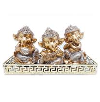 Trio Ganesha da Prosperidade Ganesha Músico Gold Com Bandeja