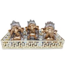 Trio Ganesha da Sabedoria Ganesha Gold Brilho Com Bandeja