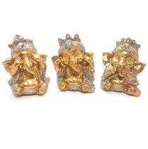 Trio Ganesha da Sorte Hindu Sorrindo Felizes Dourado Brilho