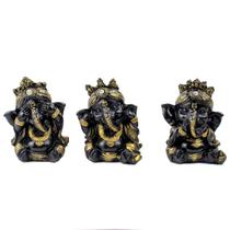 Trio Ganeshas Cego Surdo e Mudo 8 cm Preto e Dourado Resina Trio Ganeshas Cego Surdo e Mudo 8 cm Preto e Dourado Resina