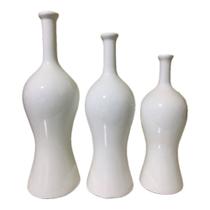 Trio Garrafa vaso Decorativa Cerâmica Branco Brilho G 33x11cm M30x10cm P26x9cm Casa Helena Home Deco