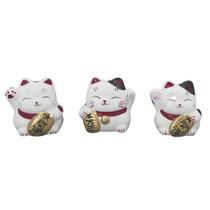 Trio Gato da Sorte Porcelana Decorativa Maneki Neko Boa Fortuna Kit com 3 conjunto 901