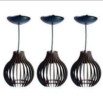 Trio Lustre Pendente Luminária Redonda Vazada Madeira Preto Area de Churrasco