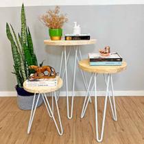 Trio Mesa de Canto Hairpin Circular Industrial de Ferro e Madeira Natural e Branco