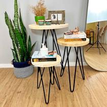 Trio Mesa de Canto Hairpin Circular Industrial de Ferro e Madeira Natural e Preto