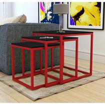 Trio Mesa Lateral Industrial Isabella Tampo Preto Base Ferro Vermelho