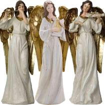 Trio Músicos Flauta Violino Harpa Em Resina Natal 38cm