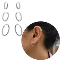 Trio Prata Legitima de argolas lisa Aro fino 3 furos Delicada