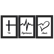 Trio Quadro Decor Moldura Preta E Vidro FÉ EsperanÇA Amor Fundo Branco 30x20 Mdf Madeira Adesivado